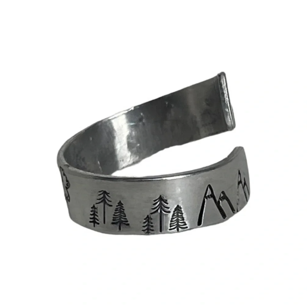 Handmade 8/9 stamped forest & moose silver‎ hypoallergenic adjustable wrap ring